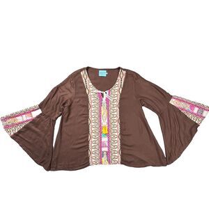 Judith March Bohemian Style Blouse Flare Sleeve Women's Size Large Brown Embroid